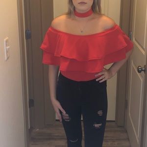 MISSGUIDED RED OFF SHOULDER CHOKER THONG BODYSUIT